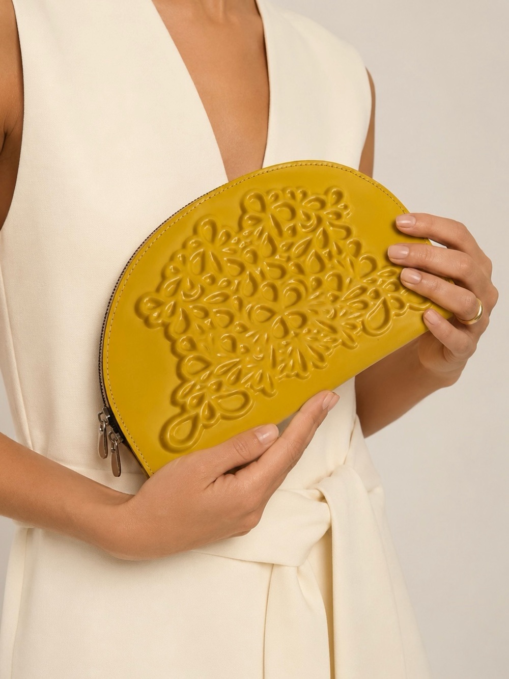MeDusa Gold Yellow Floral Embossed Half-Moon Clutch Vegan Leather